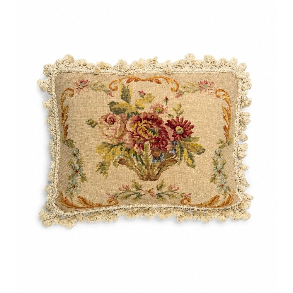 Vintage Floral Needlepoint Tapestry Accent Pillow with Tassel Fringe Trim